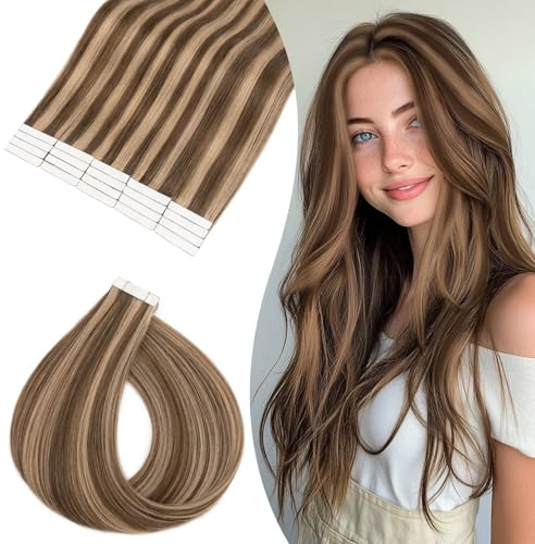 Rich Choices Tape Extensions Echthaar 45cm 20 Stück #4/27 Balayage Blond Echthaar Haarverlängerung Invisible Tape in Extensions Remy Seidig Gerade Haar Extensions Natürliche Haarverdichterung