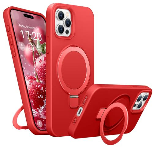 BENTIACC Liquid Silicone Case for iPhone 15 Pro, Magnetic Rugged Stand Ring, 4-Layer Shockproof Protective Case with Soft Microfibre Lining, Scratch Resistant (Red)