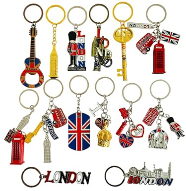 Lot de 14 porte-clés en métal avec motif Londres et drapeau du Royaume-Uni, Assortiment de couleurs, taille unique