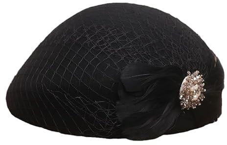 YWQHS Bérets en Laine élégants pour Femmes avec Voile/Cristal et Plumes Chapeaux de béret français Taille Unique (56-58 cm) Chapeau européen réglable Chapeau de Peintres Mignon