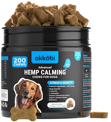 OKKÖBI Hemp Calming Chews For Dogs Anxiety 200 pcs - Dog Anxiety Relief Chews - For stress, travel, check-up, barking or grooming - Calming Treats - Chicken