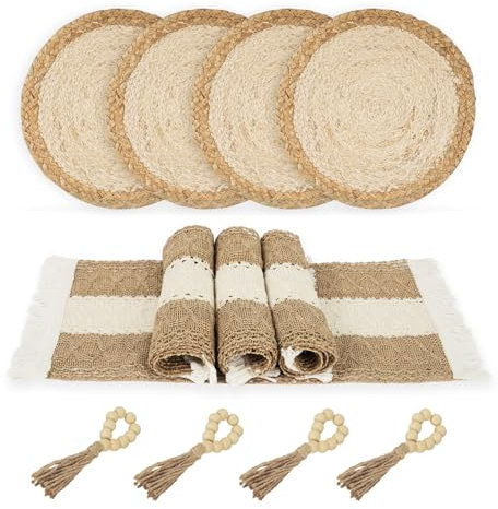 Phantomon Boho Placemats with Wooden Bead Napkin Rings - Natural Cotton, Burlap Rectangular Mats and Handmade Straw Woven Round Placemats for Farmhouse Dining Table or Kitchen Décor (12)