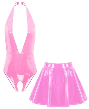 Freebily Damen Wetlook Catsuit Ouvert Stringbody Leder Mini Rock 2pcs Set Lack Leder Outfit Sex Erotische Wäsche