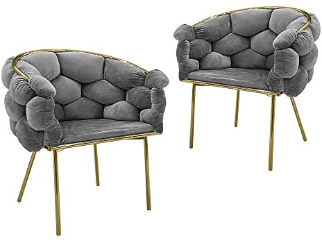 DecoInParis Lot de 2 chaises en Velours Gris Pieds en métal doré Charlotte