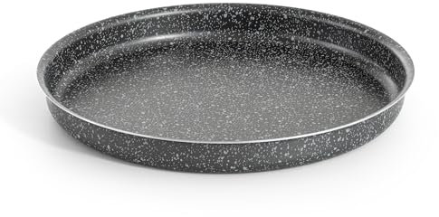 Bandeja de horno redonda para pizza y harinata, 34 cm, fabricada en Italia, revestimiento alto antiadherente, de aluminio, ligera y fácil de limpiar, efecto piedra, línea Vulcania (1 bandeja)