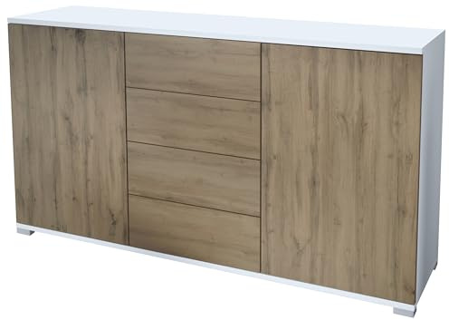 Vladon Sideboard Santo V1, Anrichte mit 2 Türen und 4 Schubladen, Weiß matt/Eiche Evoke (138,5 x 75,5 x 35 cm)