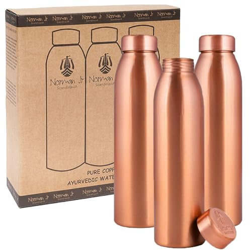 NORMAN JR Bouteille d'eau en cuivre 1 L Coffret cadeau de 3, Simple, un récipient ayurvédique en cuivre pur – vous aide à boire plus d'eau, avec de nombreux bienfaits pour la santé
