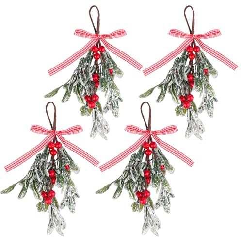 4 Stück Weihnachts Mistelzweig, Künstliche Mistelzweige, 23cm | Mistelzweig zum Aufhängen, Mistelzweige mit Karierter Schleife und Roten Beeren, Weihnachten Mistelzweig für Baum Tür Fenster