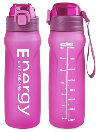 omedecal 1L Water Bottle, Leak-Proof Drink Bottles for Adults with Straw and Lanyard, Portable Heat-Resistant Waterbottle Cup for Travel Sports Gym Women Men (Pink)