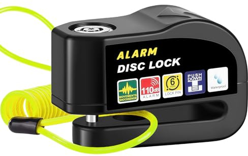 Alarm Disc Lock Motorcycle Disc Brake Lock Anti-Theft Waterproof 110 dB 5mm Pin 5ft Reminder Cable for Motorcycles Bike Scooter Carry Pouch Alarm Control Lock with Cable(Black with Alarm)