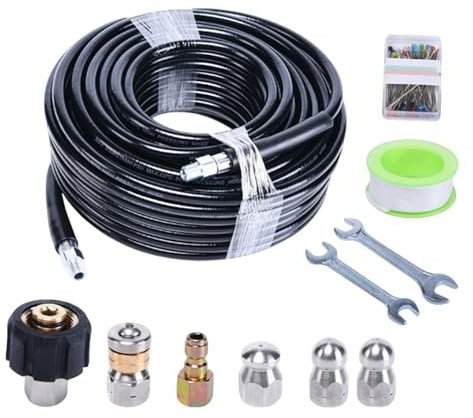 Tuyau de Nettoyage de Canalisations 15 m,Deboucheur Canalisation Professionnel Jusqu à 400 bar avec Buses et Adaptateur pour Karcher K2 K7 pour Canalisations et évacuations