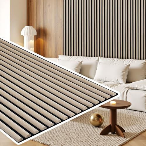 Vkechh 1X Akustikpaneele 120×60cm – 0,72 m² 3D Halbrunde Holzlamellen Wandpaneele auf MDF & Akustikfilz, Moderne Akustik Wandverkleidung für Zuhause & Studio – Weiß-Eiche