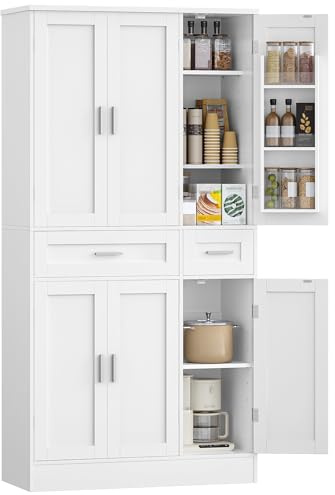 Hzuaneri Buffetschrank mit 9-stufigem Türrückseiten-Regalsystem | Küchenschrank, Sideboard mit 6 Türen und 2 Großer Schublade, Küche, Wohnzimmer, 40 x 92 x 180 cm, Weiß PT30003X