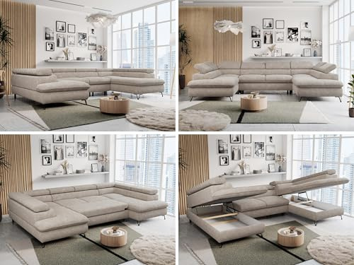 MKS MEBLE Sofa U-Form, Wohnlandschaft U-Form, Sofa mit Schlaffunktion und Bettkasten, Schlafsofa mit Bettkasten, Couch mit Verstellbare Kopfstützen - Peter U - Beige Struktur (mit Topper Visco)