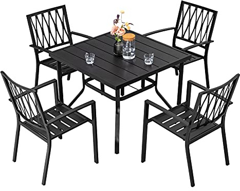 Avestar 5-teiliges Gartenmöbel Set, Esssets für die Terrasse, Essgruppe, Esstisch mit 4 stapelbaren Stühlen, Metall Gartentisch und Gartenstühle für Balkon, Garten, Schwarz