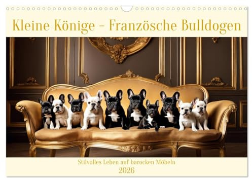 Kleine Könige - Französische Bulldoggen (Wandkalender 2026 DIN A3 quer), CALVENDO Monatskalender: Stilvolles Leben auf barocken Möbeln (CALVENDO Tiere)