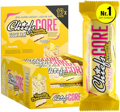 CHIEFS Creamy Core Bar mit Vanilla Cheesecake Geschmack, 12x40g Protein Riegel mit 33% Eiweißgehalt 14g je Riegel - Low Sugar (1,4g), ohne Zuckerzusatz - kalorienarme Snacks
