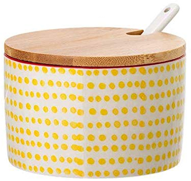 Bloomingville Salztopf mit Deckel und Löffel Susie Retro Zuckerdose Vintage Topf für Marmelade Ø 10 cm, gelb, Keramik, fasst ca. 250 ml