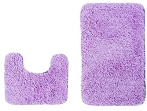 TAPISO Sunrise Teppich Badematte Badezimmer Set Badvorleger Badeteppich Hochflor Shaggy rutschfest Lila Violett Microfibra 50 x 80 cm + 50 x 40 cm