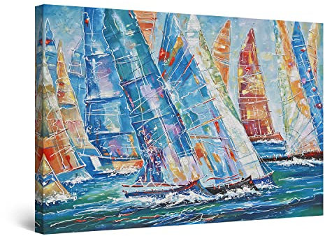 Startonight Impression Sur Toile Défilé de Bateaux à Voile, Bleu Intense - Tableau Abstrait - Decoration Murale Salon Moderne - Image sur Toile - Grande 80 x 120 cm Idée Cadeau Élégante et Originale