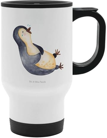 Mr. & Mrs. Panda Thermobecher Pinguin Lachen - Geschenk, Freude, Kaffeetasse zum Mitnehmen, Humor, Fröhlichkeit, Tasse mit Deckel, Kaffeebecher,