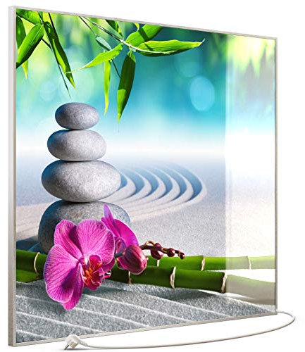 STEINFELD Heizsysteme® Glas Bild Infrarotheizung mit Thermostat | Made in Germany | viele Motive 350-1200 Watt Rahmen silber/alu (1200 Watt, 059 Zen-Garten)