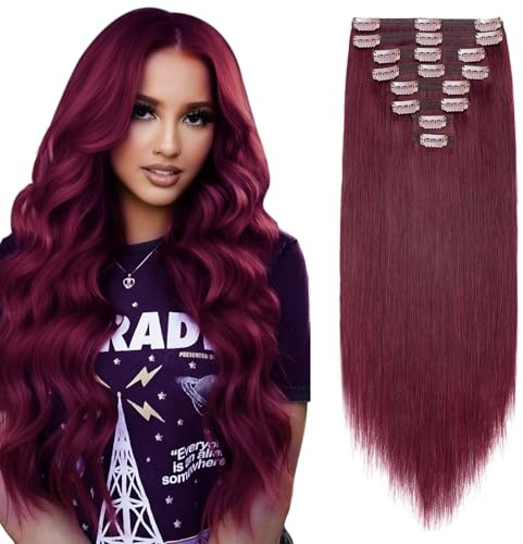 Elailite Hair Extensions Real Human Hair Clip in Thicker Volume Full Head - Double Weft Remy Hair Extension 8 Pieces Straight (20-150g, #99J Wine Red)
