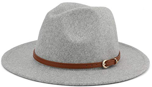 Besoogii Klassische breite Krempe Damen Herren Fedora Hut mit Gürtelschnalle Filz Panama Hut