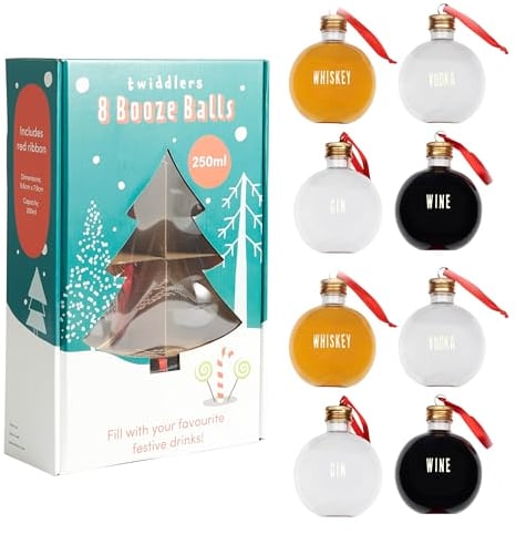 THE TWIDDLERS 10 Large Christmas Baubles to Fill with Drinks (Wine Vodka Alcohol Whisky Vine) & Sweets with Labels (10 x 8 cm, XL 250 ml) - Hanging Christmas Tree Ornament