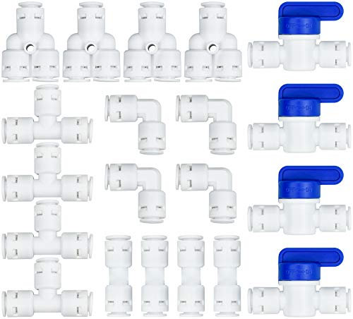 20 Stück Universal Wasserzulaufleitung Anschluss-Set Wasserfilter Fitting Verbindungsstück RO Wasserfilter für 1/4 Zoll (6mm) Wasserschlauch Kühlschrankschlauch (Y + T + I + L Typ + Absperrventil)