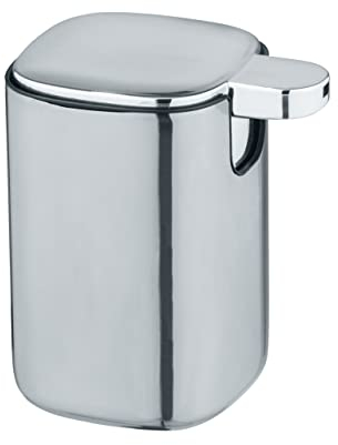 WENKO Seifenspender Alassio, nachfüllbarer Seifendosierer für Bad und Gäste-WC, Desinfektionsmittelspender aus rostfreiem satiniertem Edelstahl, 230 ml Füllmenge, 9,3 x 39,2 x 9,3 cm, Silber glänzend