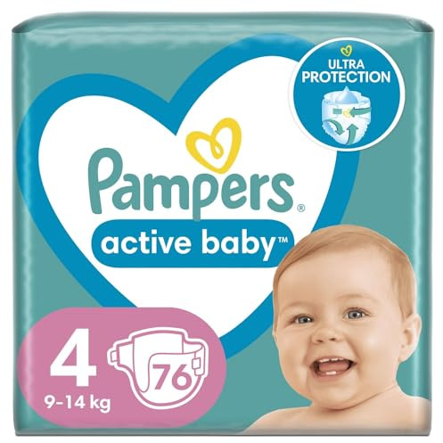 Pampers Windeln Größe 4 (9-14kg), Active Baby Windeln, 76 Stück, Durchlaufschutz Durch die Nacht