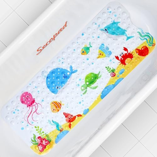 Secopad Antirutschmatte Badewanne Baby, 100x40 cm Badewannenmatte rutschfest Kinder, Badematte Kinder Badewanne oder Dusche, 100% BPA frei & Maschinenwaschbar, Little Whale