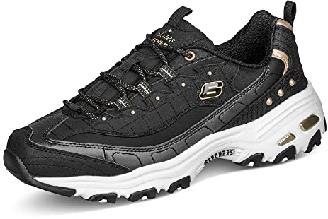 Skechers D'Lites Damen Nighttrainers, Schwarzer Duraleather Goldbesatz, 38.5 EU