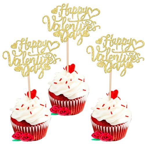 36 Stück Happy Valentine's Day Cupcake Toppers Glitzer Sweet Heart Love You Cupcake Picks für Valentinstag Thema Geburtstag Party Kuchen Dekorationen Supplies Gold