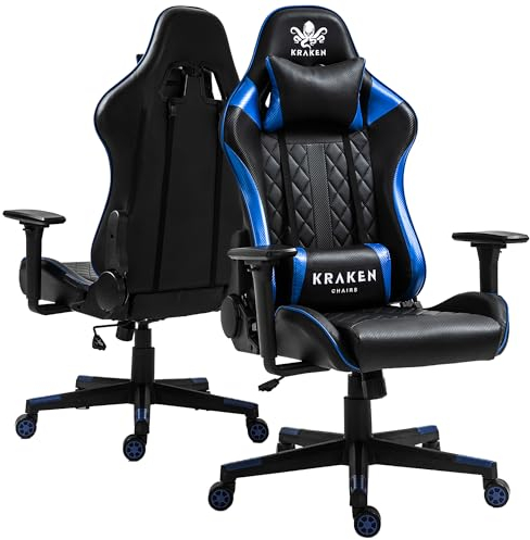 KRAKEN CHAIRS Chaise de Gaming en Simili Cuir Chaise de Bureau Chaise de Bureau réglable en Hauteur Chaise pivotante Chaise Ergonomique Accoudoirs réglables Coussin Lombaire Noir-Bleu