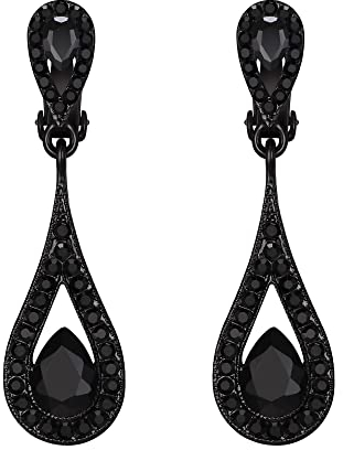 EVER FAITH Ohrclips Damen österreichischen Kristall Braut Luxus 2 Teardrop Hochzeit Clip-On Ohrringe Schwarz Silber-Ton