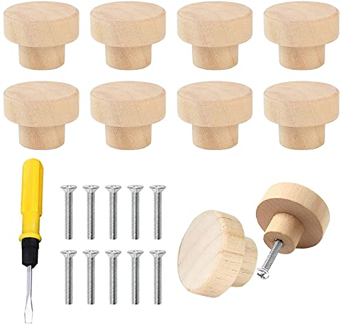 10 Stück Möbelknopf Holz, Holz Tür Schubladengriffe, Schrankknöpfe mit Schrauben und Schraubendreher, 33 x 25mm Runde Holzknöpfe für Möbel,Küche,Griffe Kommode,Schublade,Schuhkasten,Schranktüren