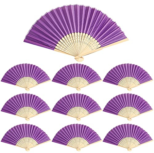 Faltbare Fächer Handfächer,10 Stück Lila Handfächer Hochzeit Fächer Holz Stoff Bambus Handheld Faltfächer für Damen, Chinesischen Stil Hand Fächer Hochzeit für Wanddekoration Hochzeit Gäste Geschenke