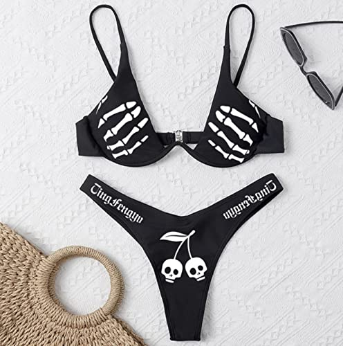 ASZO Sexy Goth Emo Bikini Frauen Zweiteiliger Totenkopf-Print Bikini-Anzug Geteilter Badeanzug Hohe Taille Gothic Badeanzug Riemen Strand tragen-13,M