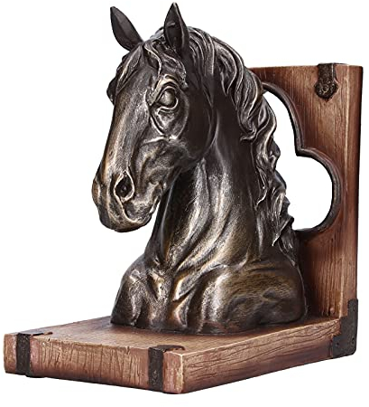 Tissting Buchstützen Pferdekopf Skulptur Bücherhalter 19 x 16,5 x 11 cm Harz Pferde Winkelbuchstütze Modernes Desktop Dekofigur Buchständer für Zuhause, Büro, Wohnzimmer(Bronze)