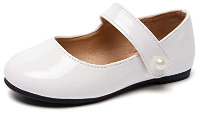 HEVA Klassische Mary-Jane-Schuhe für Mädchen mit Klettverschluss, Flache Schuhe für Hochzeitskleider Schulschuhe(7UK 24EU,Weiss)