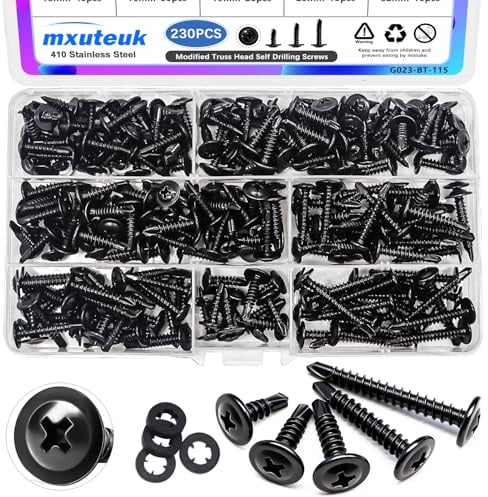 mxuteuk 230PCS #8 Self Tapping Screws,410 Stainless Steel Self Tapping Screws for Metal,1/2,5/8,3/4,1,1-1/4 Modified Truss Head Self Drilling Screw for Metal (115PCS Screw+115PCS Washers)