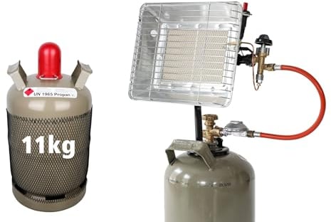 Rothenberger Industrial 4 teiliges Komplett-Paket: Gas Heizstrahler Aufsatzstrahler mit Zündung | 0,4 m Propangasschlauch | 1x Propankonstantregler 50 mbar und Propangas 11 kg leer