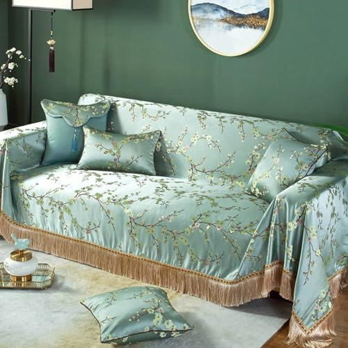 Bezug Sofa 190x380cm, Blumenzweig mit Quasten Sofabezug 4 Sitzer Sofabezug rutschfest Hellgrün Sofa Überzug für Ledersofa