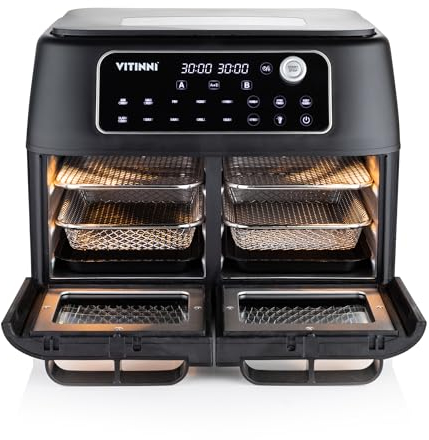 Vitinni Dual Air Fryer Oven, 11L, 10 Pre-sets, Twin Compartment Airfryer Oven with Shelves, Large Air Fryer Perfect for Feeding Larger Families and Guests, Sync-Match Feature