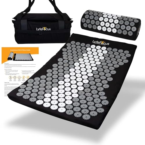 LyfeFocus Acupressure Mat & Pillow Set with Travel Bag - Cushioned Spike Acupuncture Massage Mat for Back, Neck & Shoulder Pain Relief - Easing Muscle Tension & Stress (Black & Grey/White)