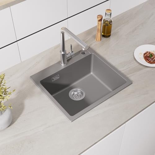 CECIPA Spülbecken Grau 50x45cm, Küchenspüle aus Granit, 1 Becken Einbauspüle, 80% Quarzsand Küchenspüle inkl Siphon & Über