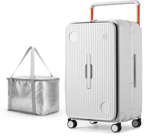 mixi Multifunktionaler großer Koffer mit Spinnrollen, breiter Griff, luxuriöses Design, kariertes Gepäck für Damen und Herren, mit Kühltasche, Rauchweiß, 26-inch