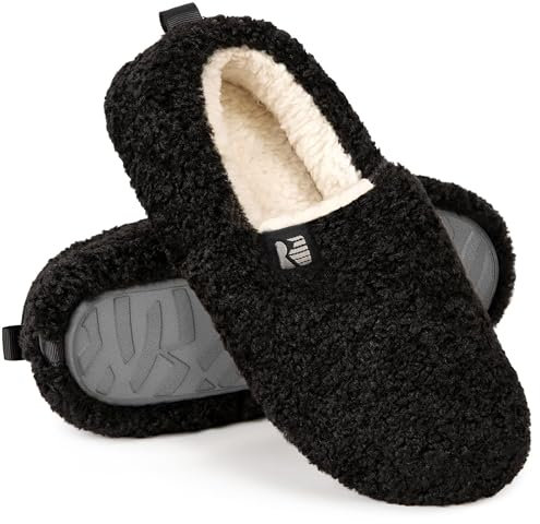 RockDove Damen Pantoffeln Puff-Ease Kunstfell Geschlossene Rücken Hausschuhe, 38 EU, Schwarz